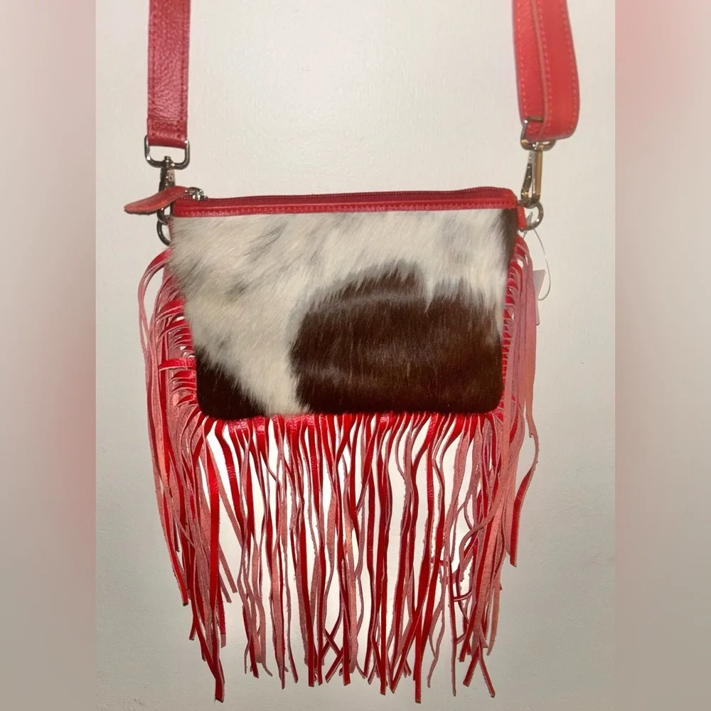 New Genuine Leather Cowhide Tooled Cross Body Fringe Purse Red Brown Western